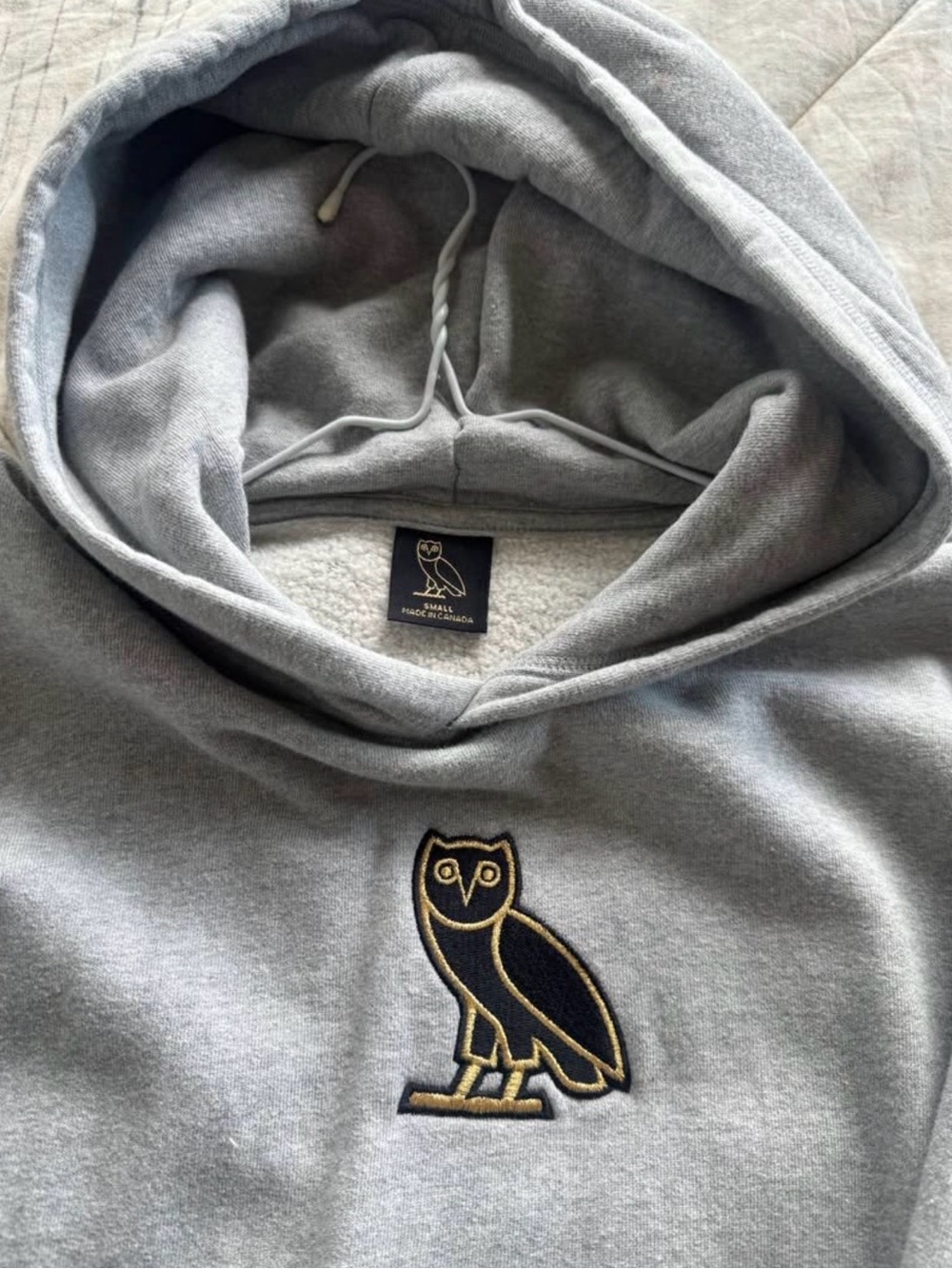 OVO Light Gray Hoodie with Black & Gold Owl Patch